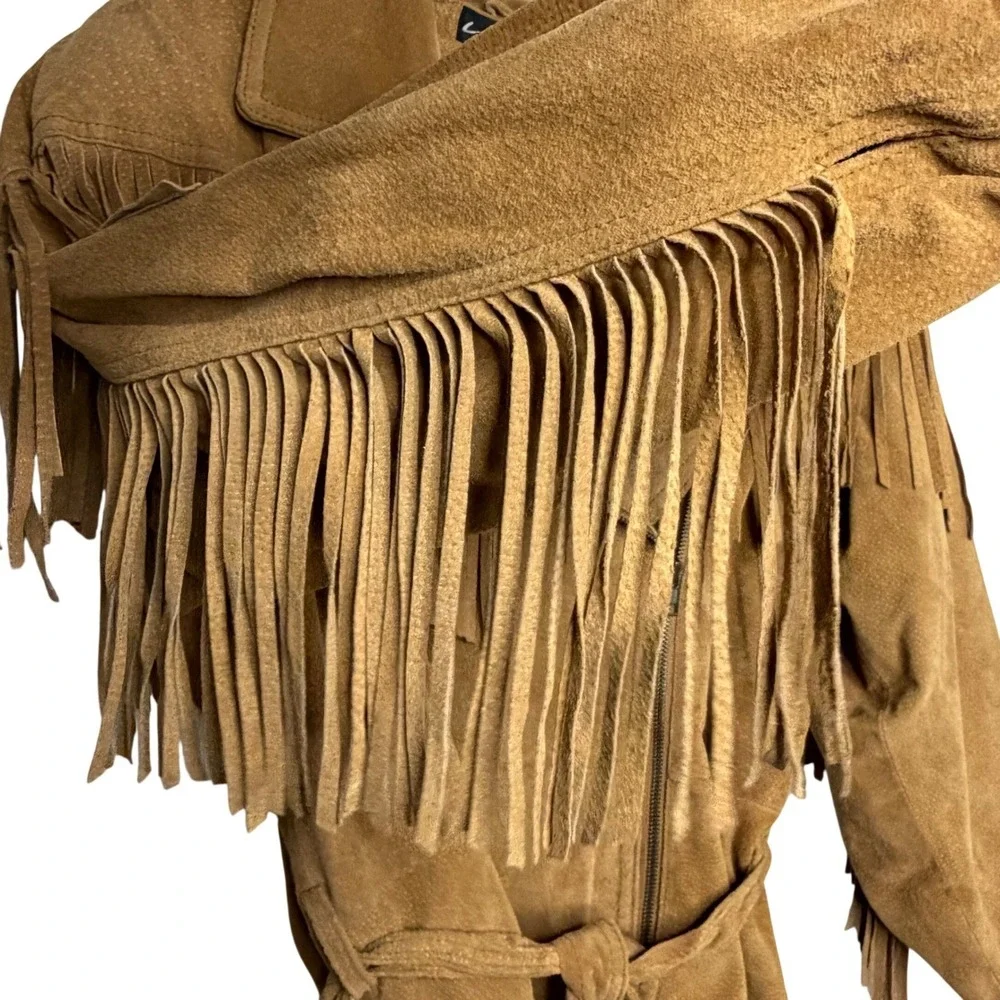L.A. Studio Suede Fringe Zip Front Tie Belt Jacket Tan Western Boho‎ Festival S - Picture 4 of 16
